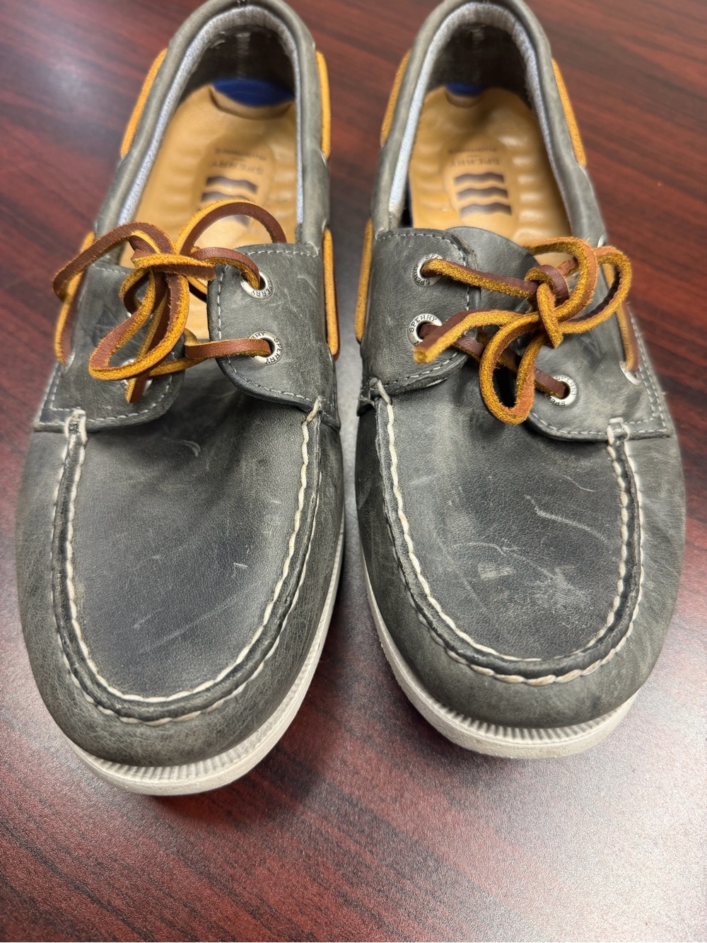 Sperry Gray Boat Shoes with Brown-Tan Laces
